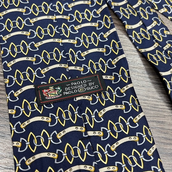 Gucci Navy & Gold Horse Bit Link Pattern Silk Tie - Picture 3 of 6